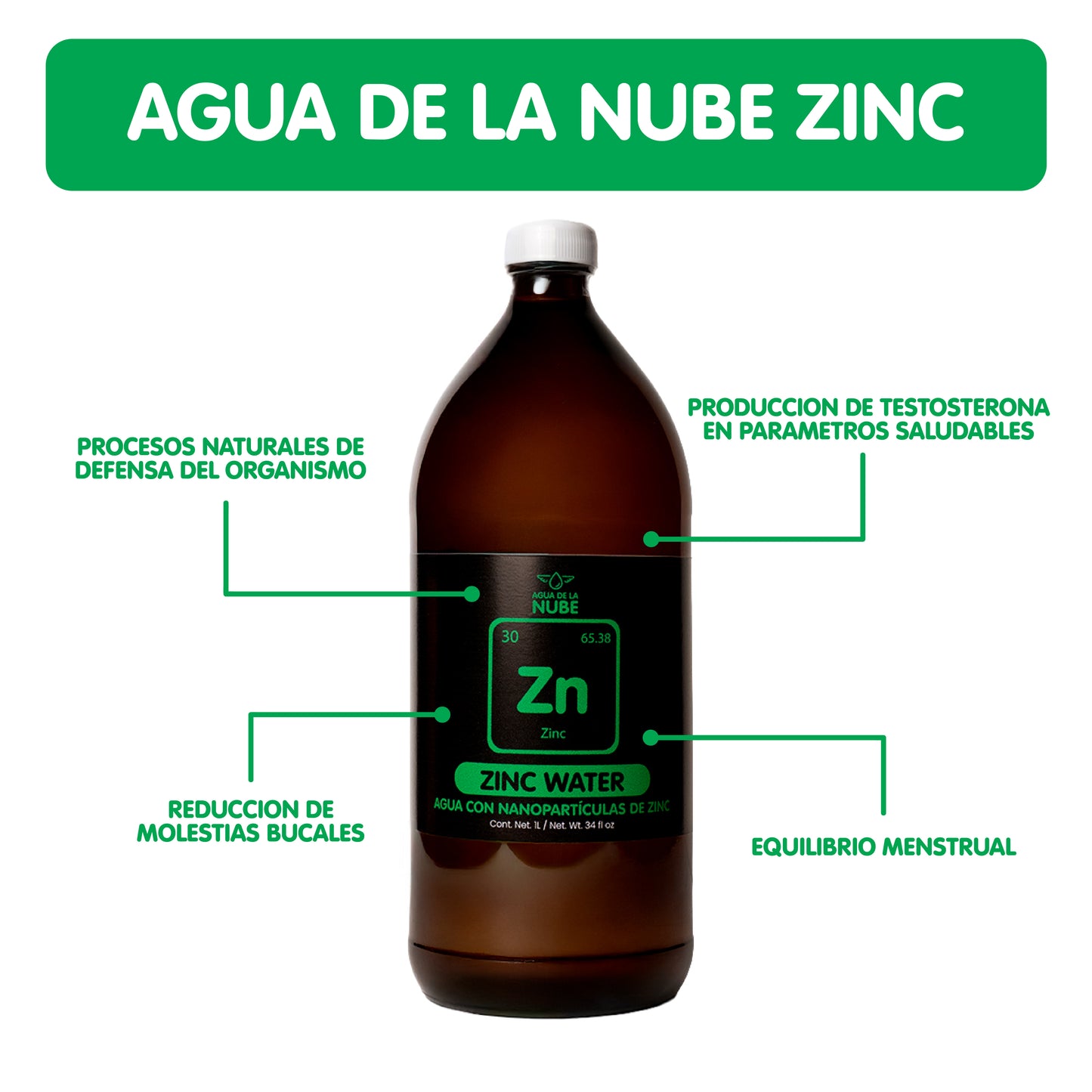 Agua de la Nube con Nanopartículas de Zinc Zn 20ppm (1000 mL/ 34 fl oz)